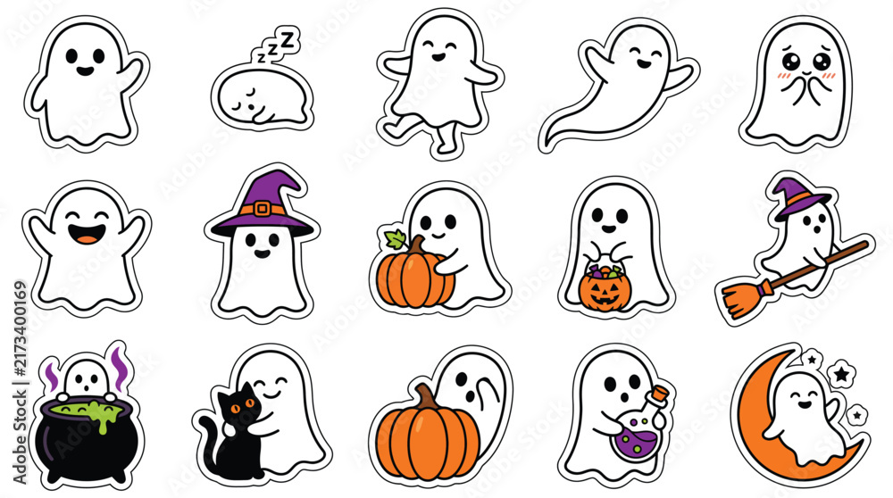 Fototapeta premium Set of cute hand drawn ghosts for halloween celebration stickers and festive holiday design elements