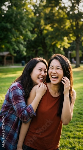 Two joyful friends laughing together outdoors in a beautiful green park during warm sunlight