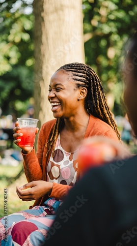 Happy woman laughing and enjoying a refreshing drink during a relaxed outdoor social gathering