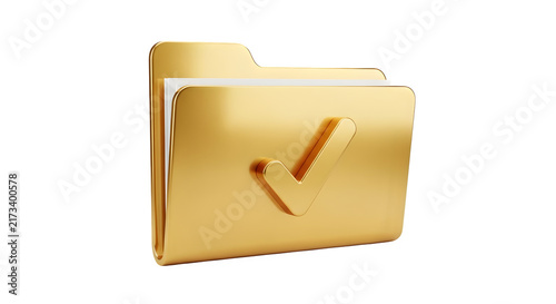 Golden folder icon with checkmark symbol isolated on a high quality transparent background for modern digital file organization and management tasks