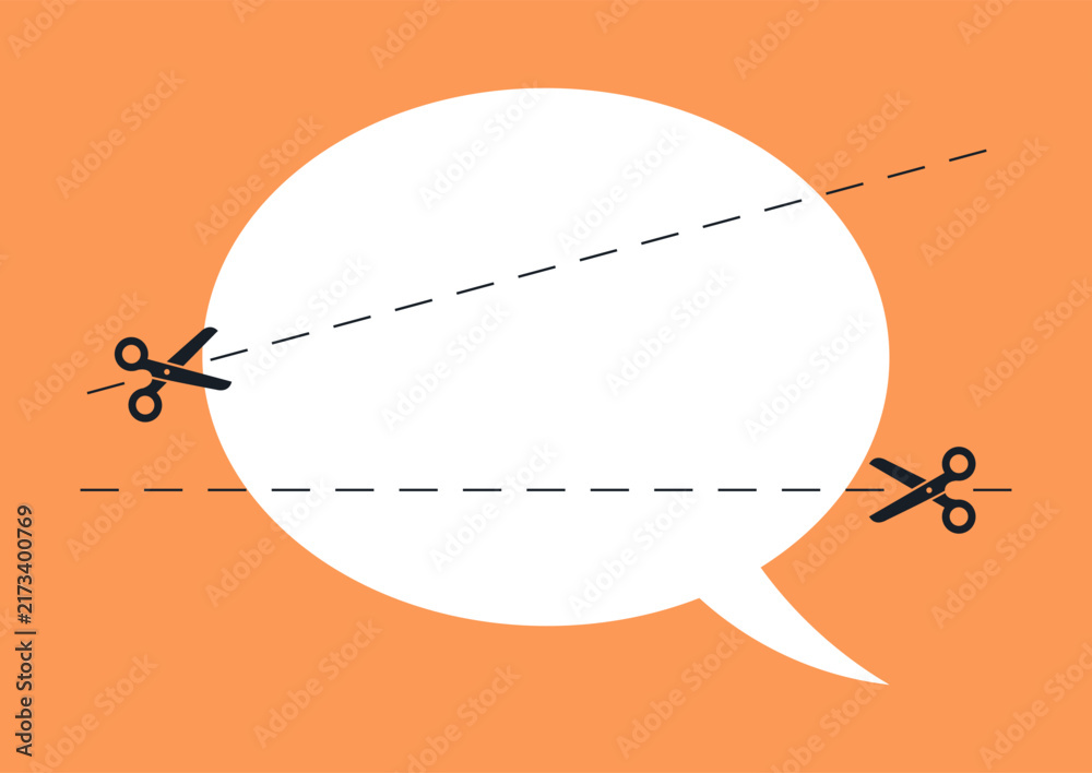Fototapeta premium Bright orange background showcases a large speech bubble with cut lines, highlighting the art of dialogue through creative edits.