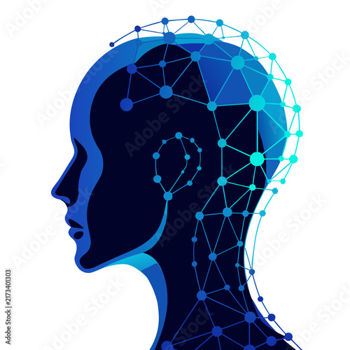 Human head silhouette in profile with a glowing digital neural network brain pattern, representing artificial intelligence, machine learning, deep learning and futuristic data technology.