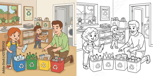 a daughter helping her father sort recyclable household materials into separate educational cartoon print illustration vector clipart and line art colouring book for kids drawn hand drawn.
