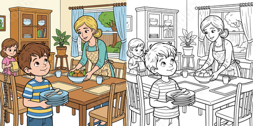 boy helping mother set the dining table at home educational line art Illustration print cartoon vector clipart and hand drawn coloring book for kids.