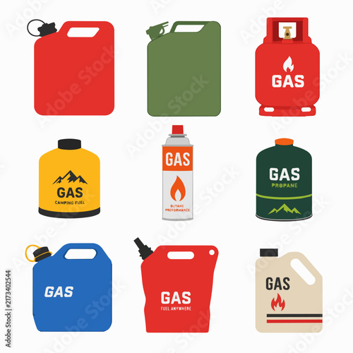 Flat vector illustration of colorful fuel jerrycans and gas canisters.