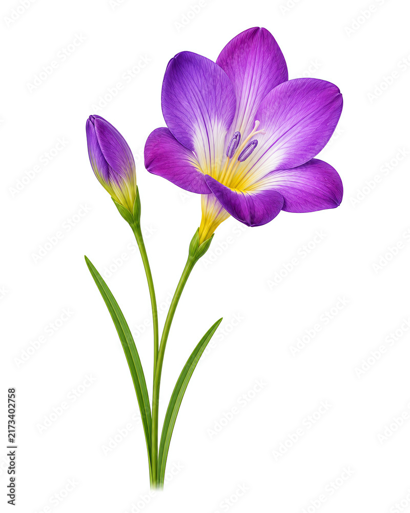 Obraz premium Purple freesia flower illustration with yellow center and closed bud on green stems provides botanical elegance for spring floral designs and nature themed wedding stationery or garden art projects.
