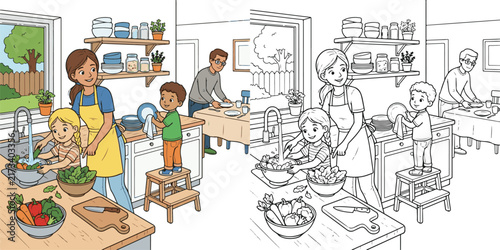 child helping mother wash vegetable in the kitchen educational line art Illustration print cartoon vector clipart and hand drawn coloring book for kids.
