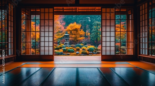 Japanese Room with Autumn View.