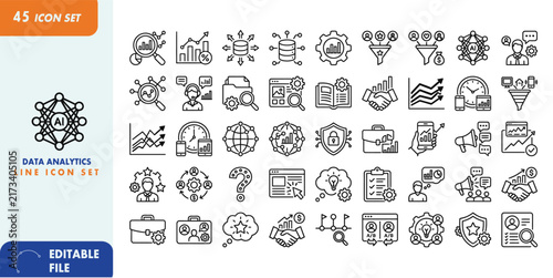 Data Analytics Line Icon Set – Business Intelligence, Data Visualization, Statistics, Reports and Performance Analysis