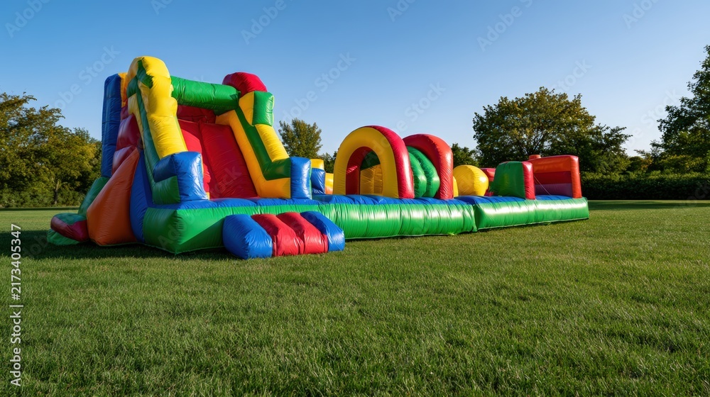 Fototapeta premium Colorful inflatable playground structure on empty park lawn in late afternoon sunlight