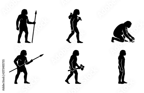 Photography 70 Prehistoric Human Evolution Silhouettes, Stone Age Man Icons, Primitive Hunte