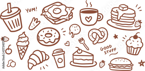 Hand drawn food doodles, cute breakfast and dessert icons, brown line art vector