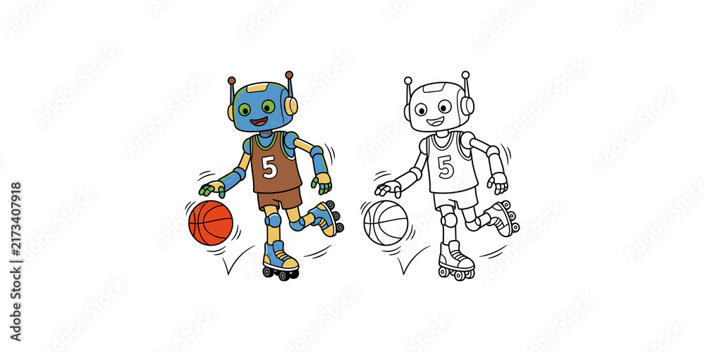 Naklejka premium Robot playing basketball while roller skating flat cartoon and outline versions on transparent background.