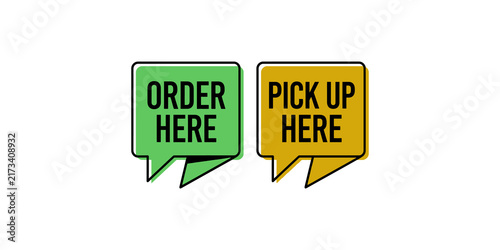 Obraz na plátně Green and yellow order here sign labels with modern overlapping geometric shapes for business signage solutions