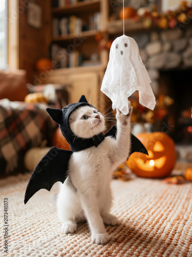 Cute white cat in black bat costume plays with hanging paper ghost on carpet near carved pumpkin during celebration. American carnival for Halloween celebrating concept with copy-space.