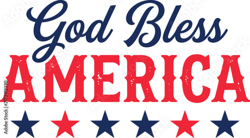 God bless america text with distressed red serif lettering and blue script font featuring a row of alternating red and blue stars on a white background
