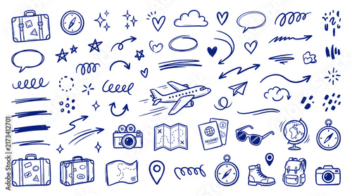Canvastavla Hand drawn travel icons set, blue ink doodle sketches of vacation elements, trav