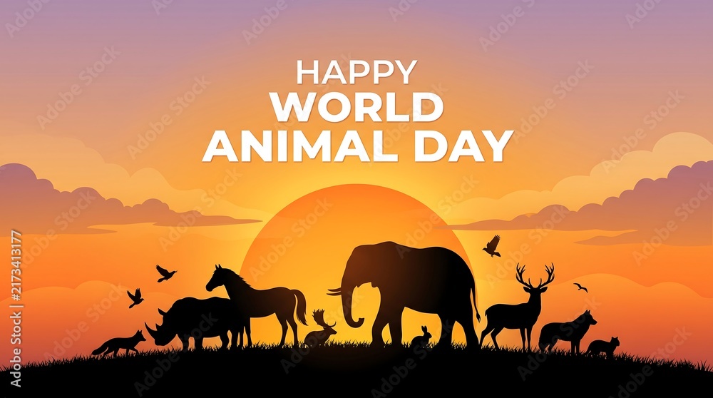 Fototapeta premium Happy World Animal Day banner, wildlife silhouettes at sunset, savanna animals in golden hour landscape, conservation concept