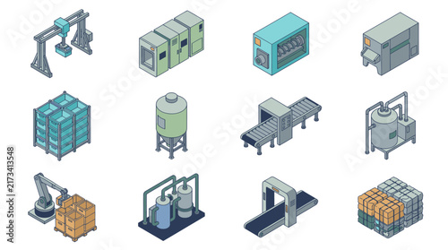 Isometric Industrial Machinery and Equipment Set.