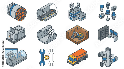 Isometric Industrial Machinery and Tools Collection.