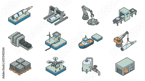 Isometric Industrial Machinery and Vehicles Collection.