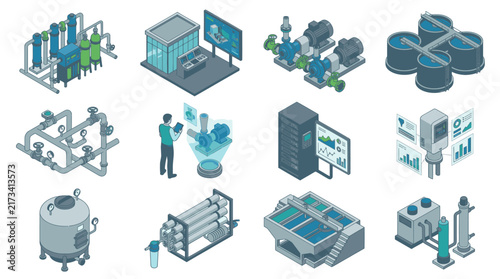 Isometric Industrial Technology and Data Center Icons.