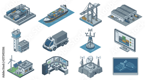 Isometric Industrial Technology and Infrastructure Icons Set.