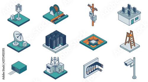 Isometric Industrial Technology Infrastructure Icons Set.