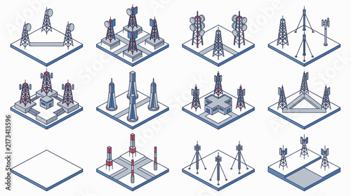 Isometric oil rigs and workers in industrial setting.