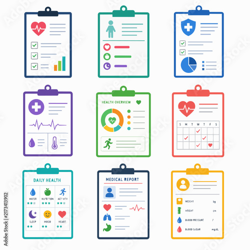 Nine colorful clipboard icons displaying various medical charts and health reports.