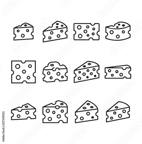 Various cheese slices with holes in a simple line drawing style on a white background