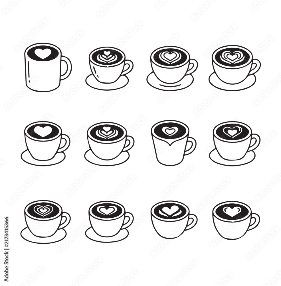 Obraz premium Various coffee cups with latte art hearts in a clean minimalist style against a white background