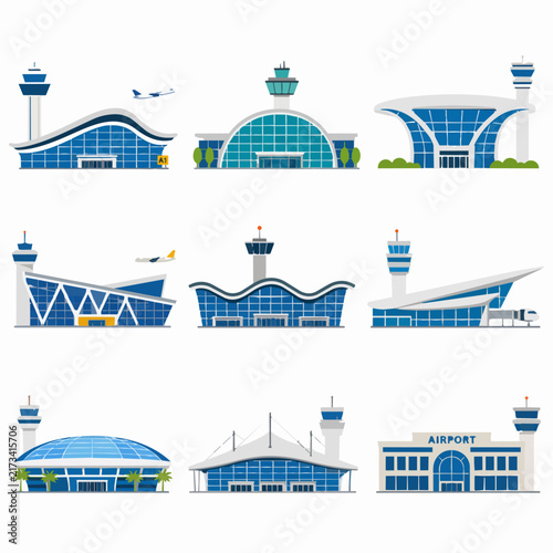 Flat vector illustrations of modern blue and white airport terminal buildings.