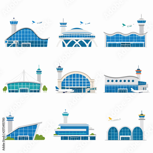Flat vector illustration set of modern airport terminal buildings with control towers.