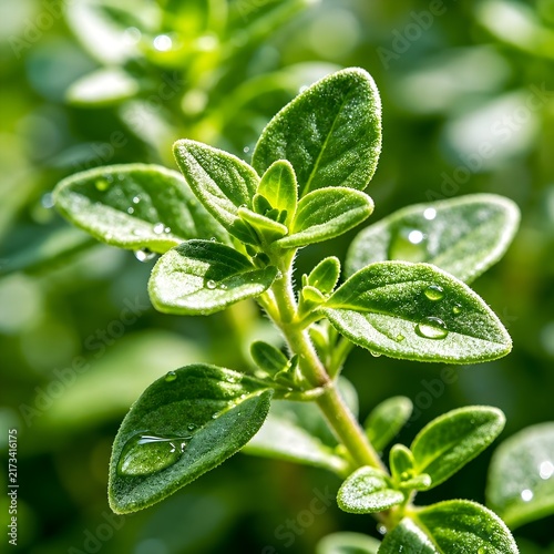 Macro close up of fresh green oregano leaves with water drops in natural sunlight
