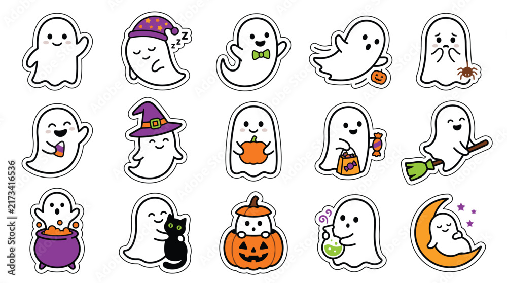 Fototapeta premium A delightful assortment of adorable ghost characters playfully interacting with classic Halloween props and accessories in a whimsical design