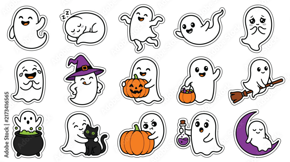 Obraz premium A delightful and charming collection of adorable cartoon ghosts featuring classic halloween elements in a playful whimsical and festive style