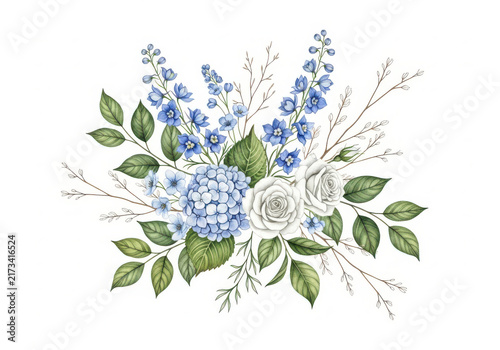 Beautiful Watercolor Floral Bouquet with Purple Hydrangea and White Roses