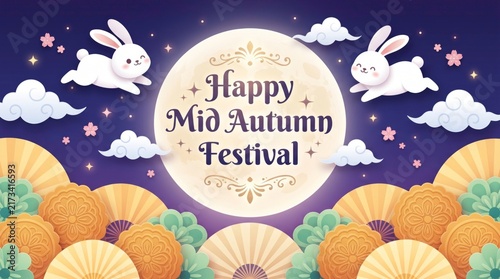 Happy Mid Autumn Festival Illustration: Festive rabbits and mooncakes adorn this vibrant illustration celebrating the Mid Autumn Festival under a luminous full moon.