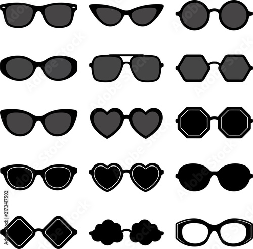 Foto Set of fifteen various black fashion sunglasses icons featuring heart round aviator and cat-eye frames