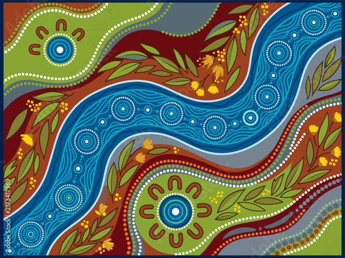 Foto Australian Aboriginal river landscape vector illustration with traditional eucal