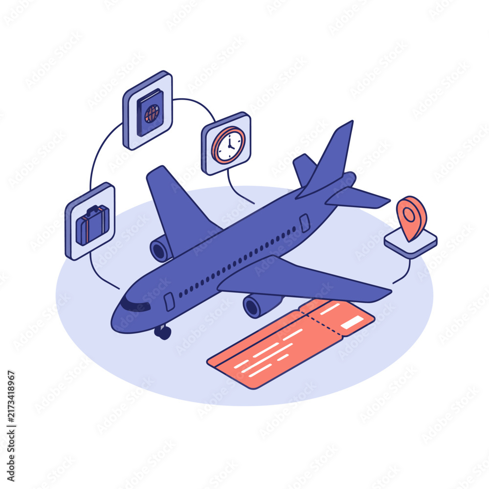 Naklejka premium Clean Isometric of Air Travel Essentials with Smartphone Icons Boarding Pass and Map Pin with high quality professional line art symbols for modern creative design and digital branding projects