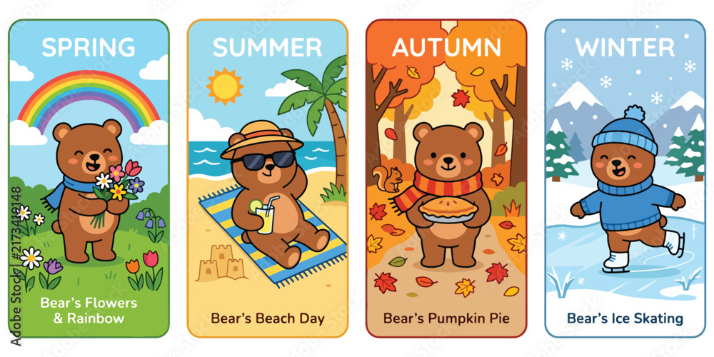 Fototapeta premium Cute bear character seasonal activities vector illustration set featuring spring summer autumn winter.