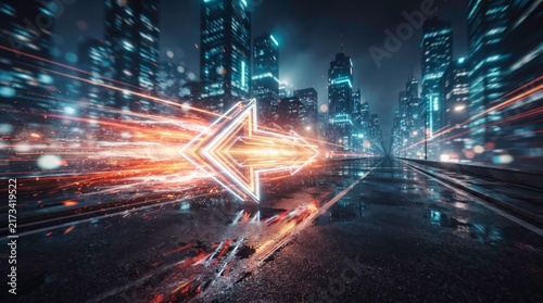 Digital Cityscape and Arrow: A futuristic neon arrow streaks through a vibrant, motion-blurred cityscape at night, symbolizing speed, direction, and technological advancement.