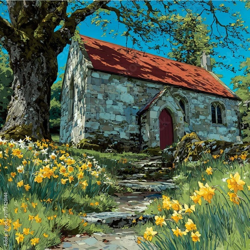 Charming stone cottage surrounded by blooming daffodils under the vibrant blue sky in a tranquil countryside landscape during early spring