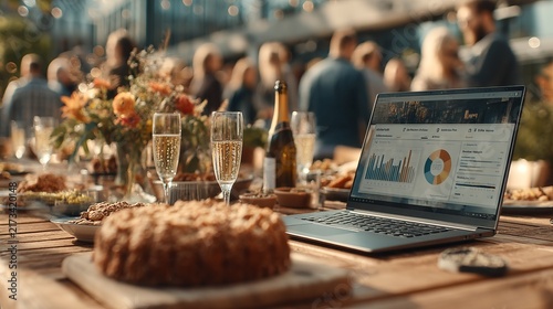 Gathering of colleagues enjoying celebration outdoors with delicious food, sparkling drinks, and work presentations under twinkling lights in a beautiful setting