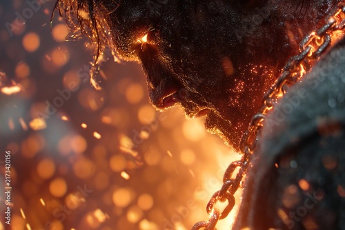 Intensity radiates in a fierce moment as flames illuminate a determined figure bound in chains against a backdrop of glowing embers