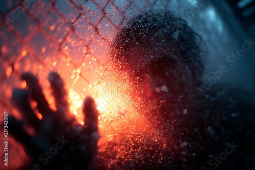 Mysterious figure glimpsed through a fogged surface under eerie red light in an intimate nocturnal setting hinting at suspenseful narrative elements