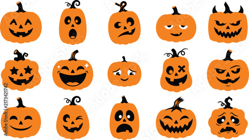 фотографія Collection of orange jack o lanterns with various facial expressions vector illu