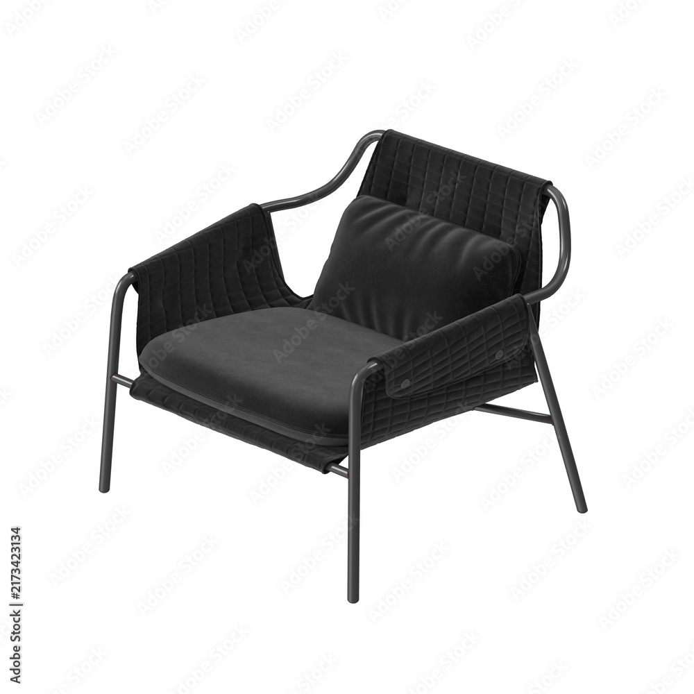 Naklejka premium Modern black armchair with quilted upholstery and metal frame